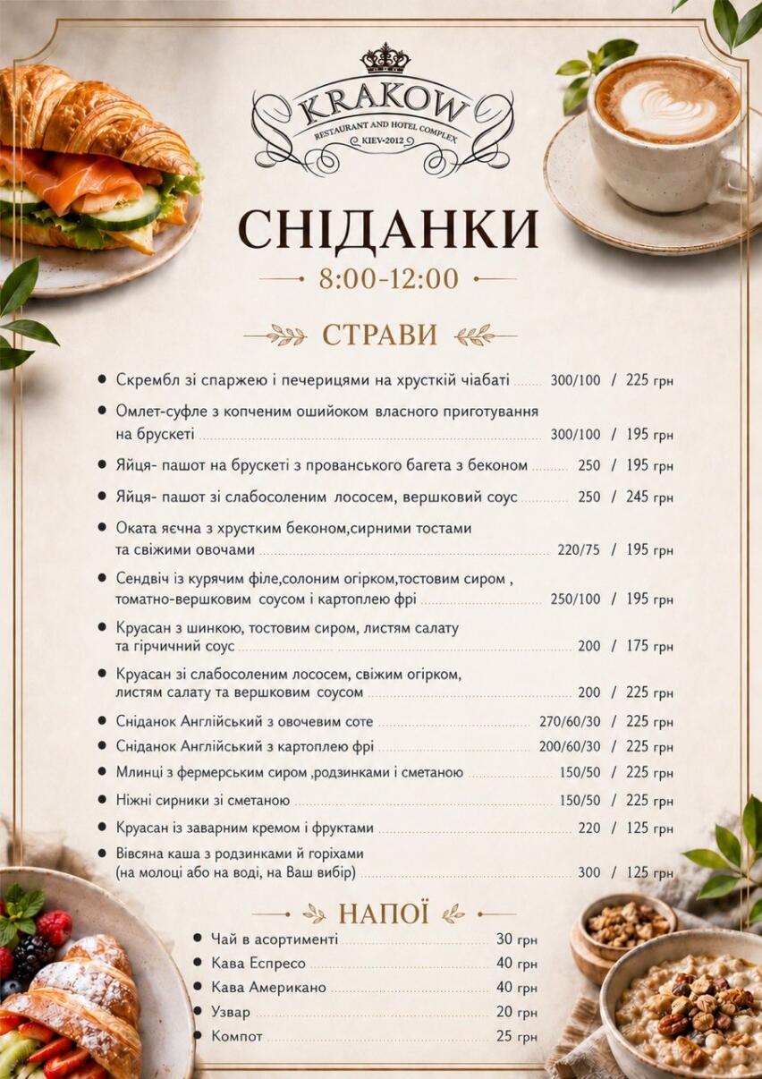 Меню сніданків у ресторані Krakow біля Києва